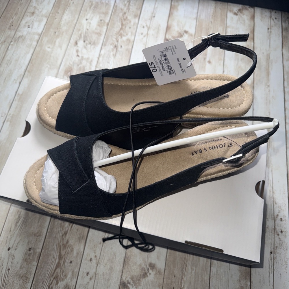 St. John's Bay Women's Size 9 Medium, Lone Slingback‎ Wedge Sandals, Black